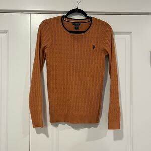 US Polo Assn Women's Cableknit Crewneck Sweater‎ Orange Navy Collar Size Small